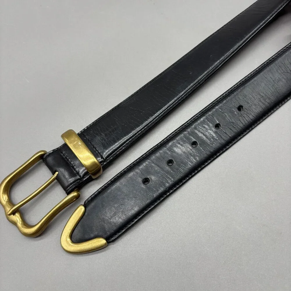 Vintage Fossil Y2K Black Full Grain Leather Belt Solid Brass Buckle Wmns Small
